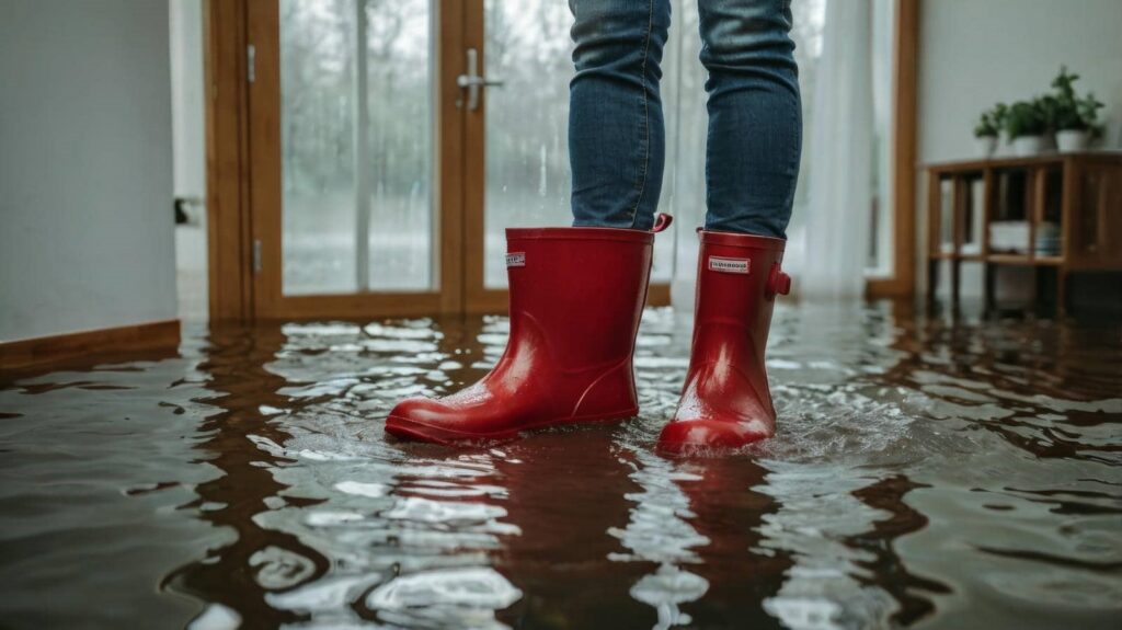 Person in red boots standing in water
