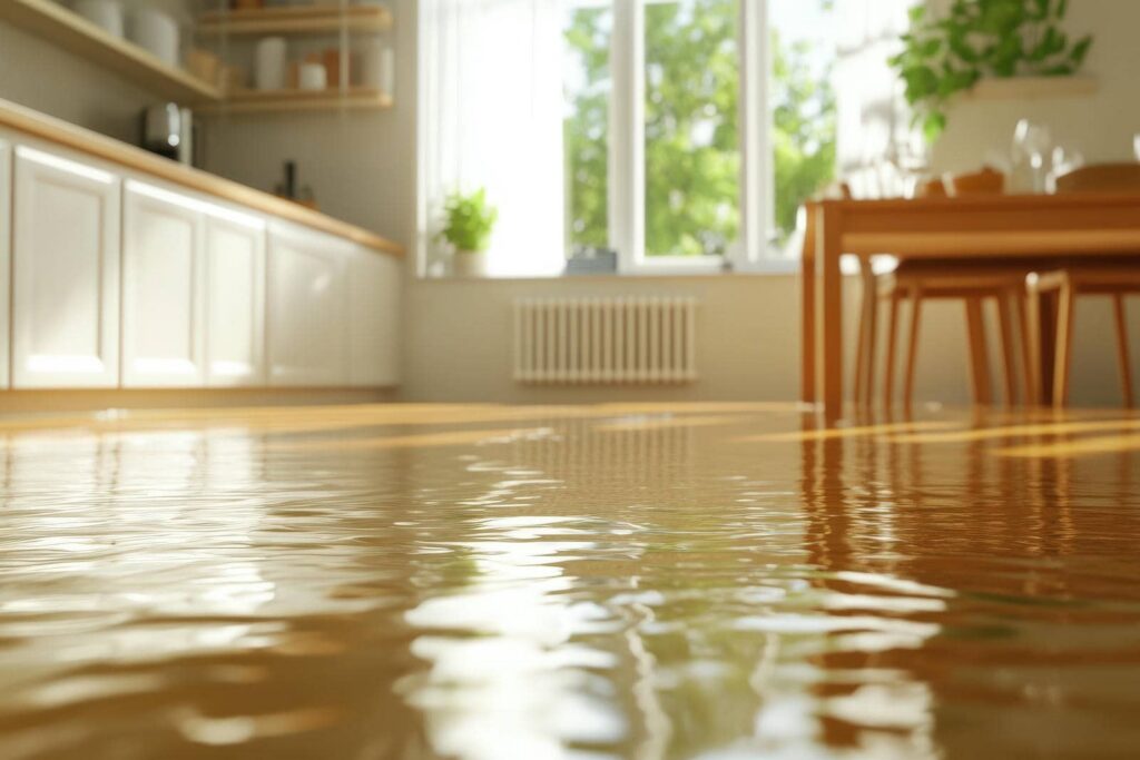 Flooded kitchen with sunlight reflection.