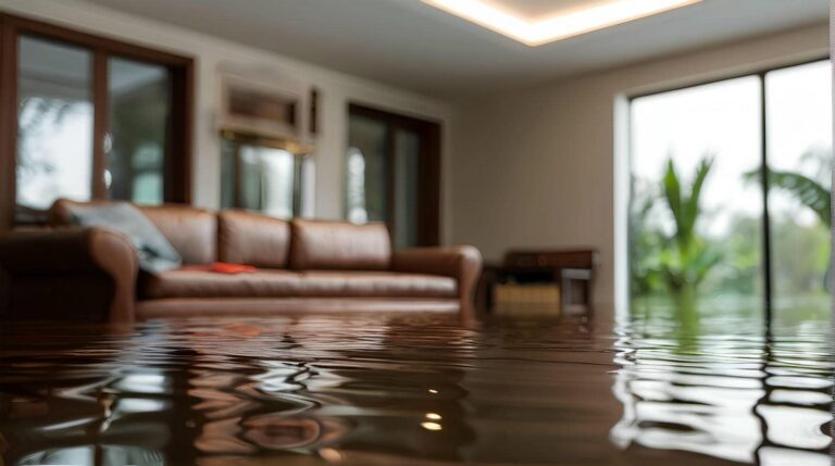 Flooded living room with water damage.