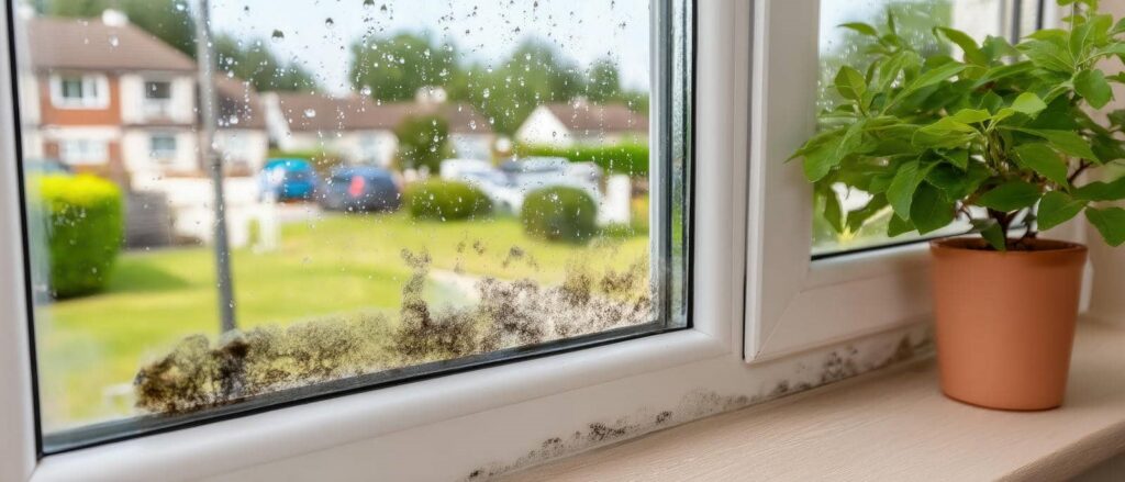 Mold growth near window with plant