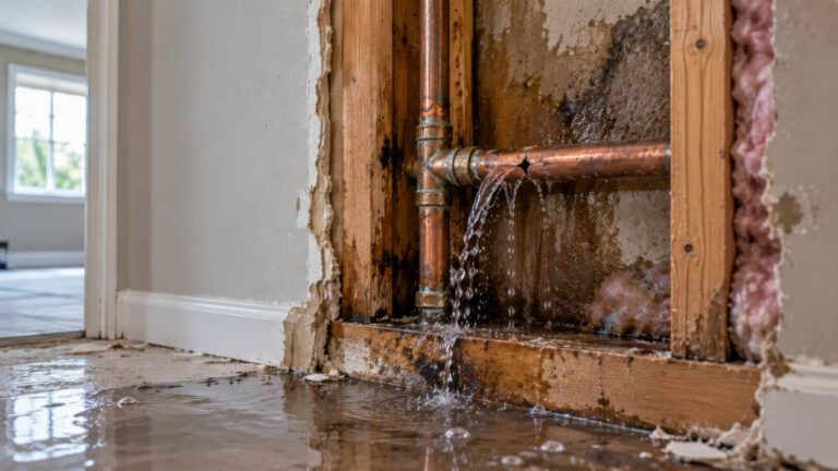 Leaking pipe causing water damage indoors.