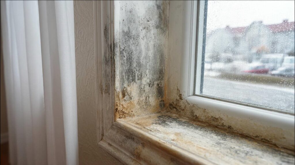 Mold growth around a window frame.