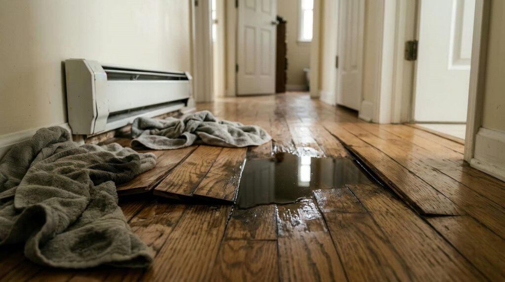 Water damage in a hallway with towels.