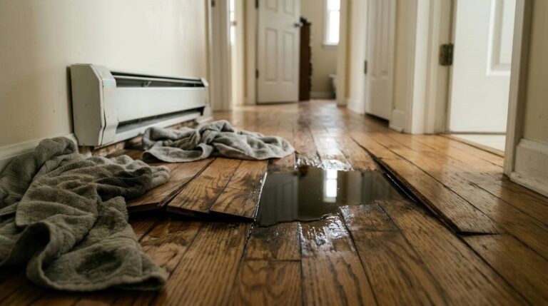 Water damage in a hallway with towels.