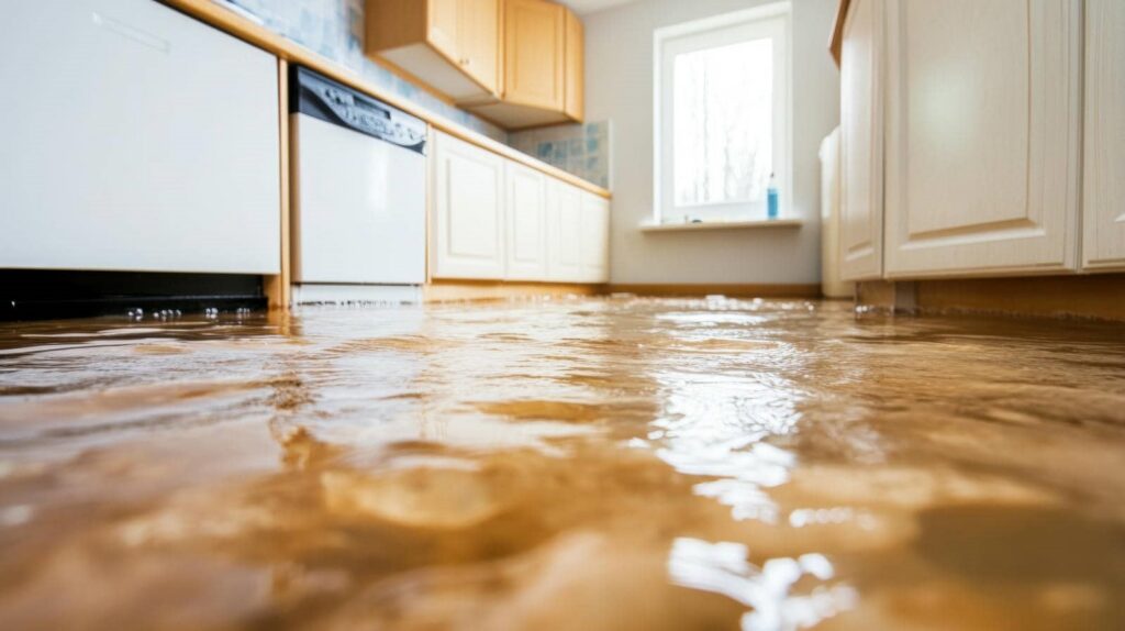 Flooded kitchen with standing water