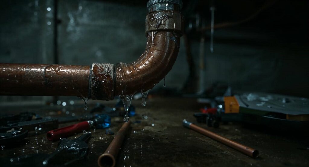 Leaking pipe in a dimly lit basement.