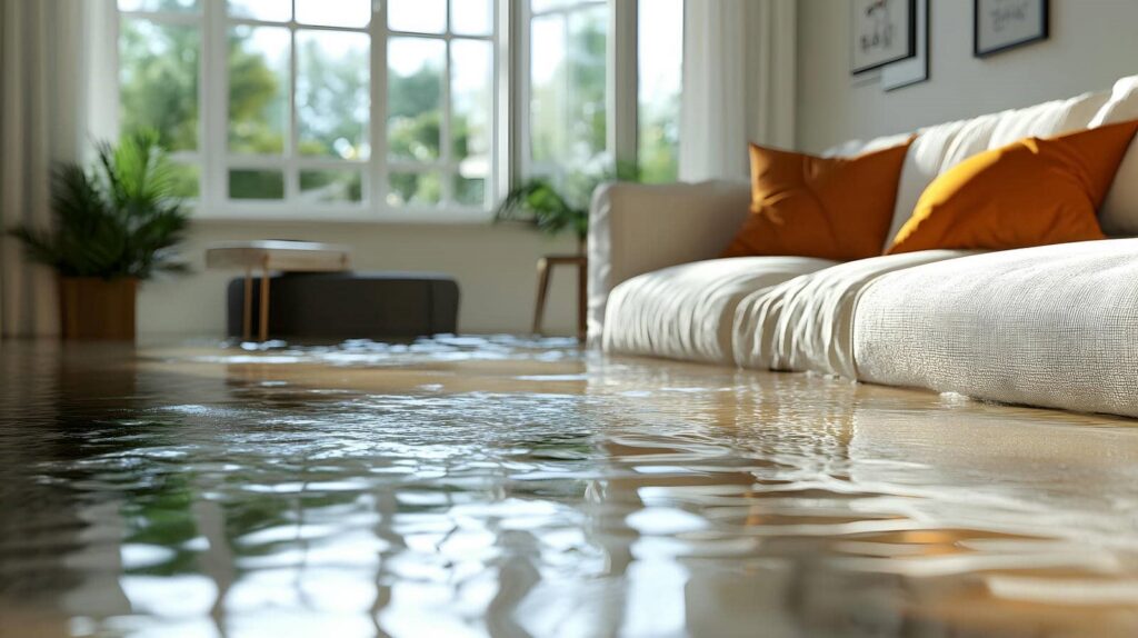 Flooded living room with water damage.