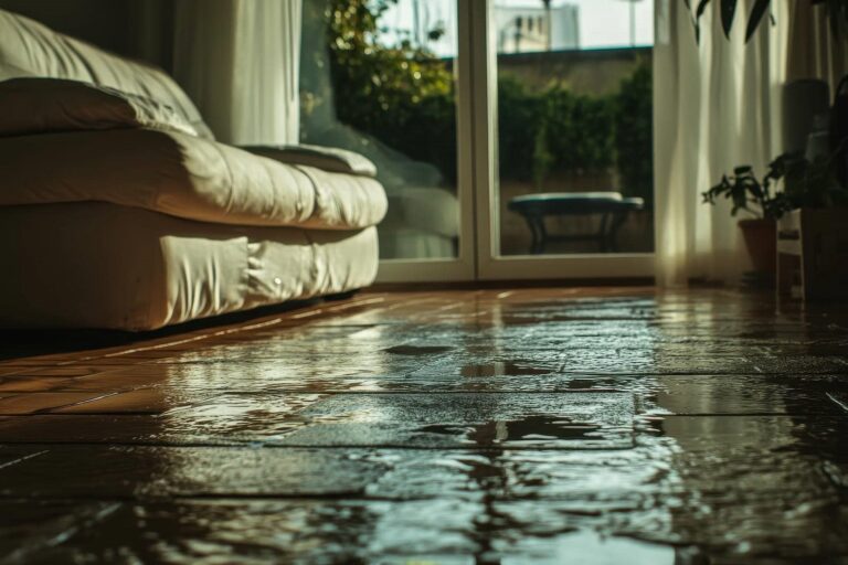 Waterlogged floor near a sofa.
