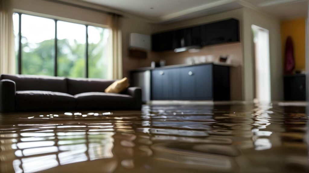 Flooded living room with furniture visible.