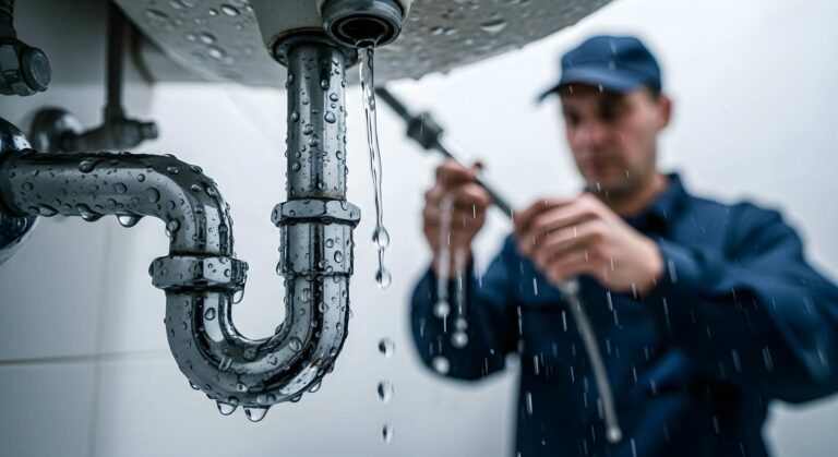 Plumber fixing leaking pipe under sink