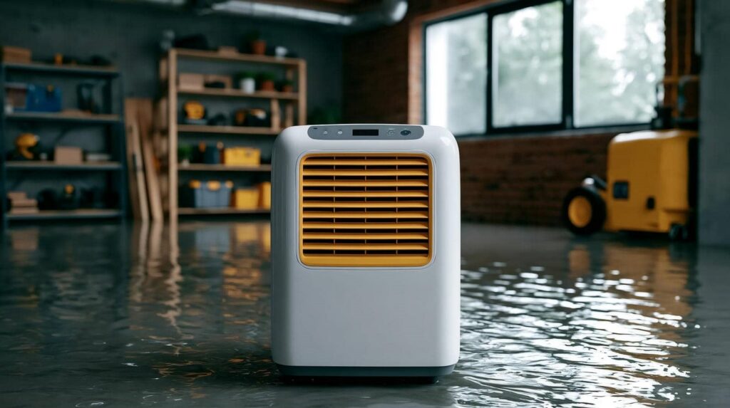 Dehumidifier in flooded indoor space