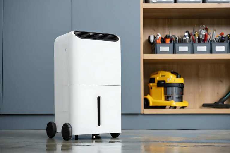 White dehumidifier on concrete floor.
