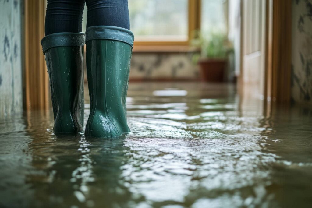 Person in boots standing in flood