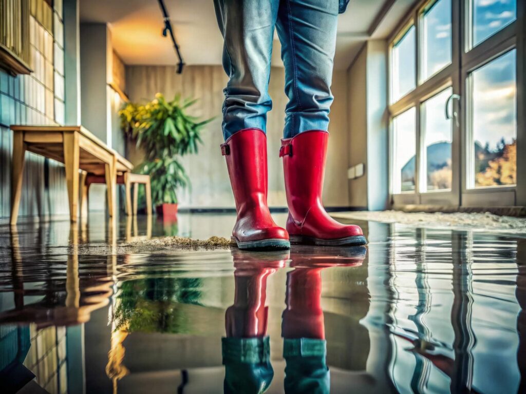 Person in red boots on flooded floor