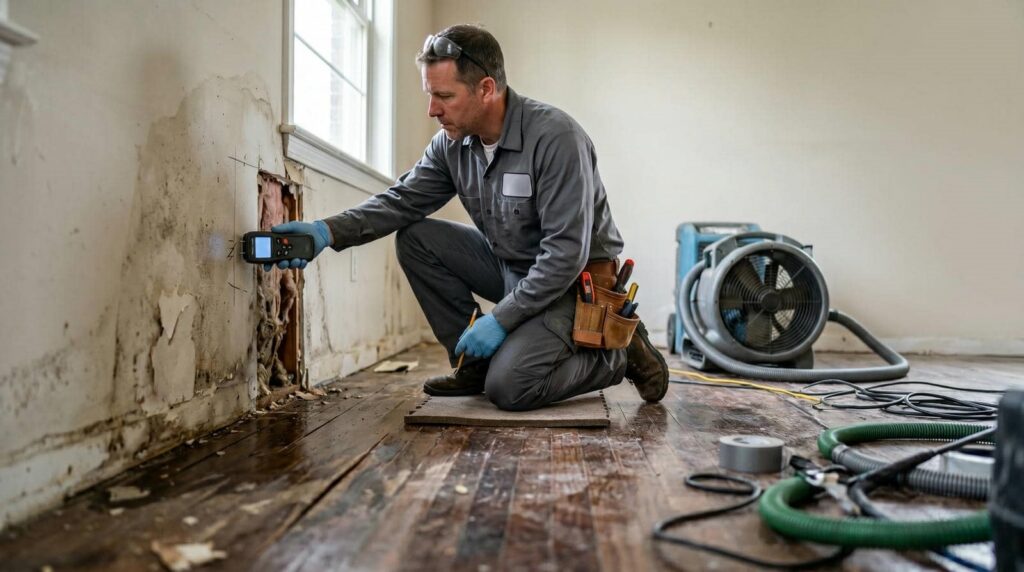 Man inspecting damaged wall for moisture