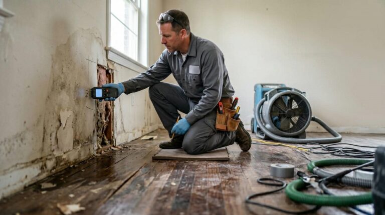 Man inspecting damaged wall for moisture