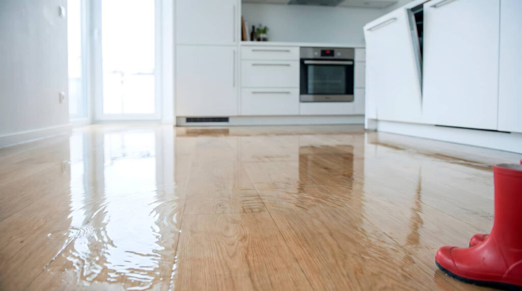Kitchen floor covered in water