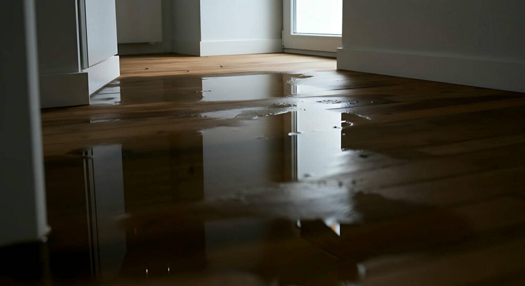 Water pooling on wooden floor