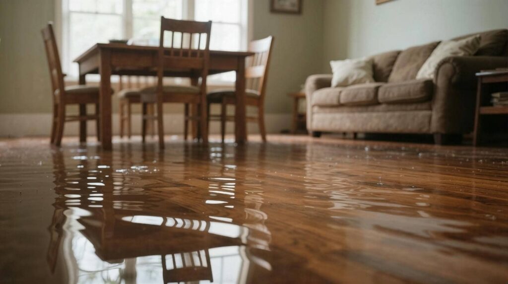 Flooded living room with wooden furniture.