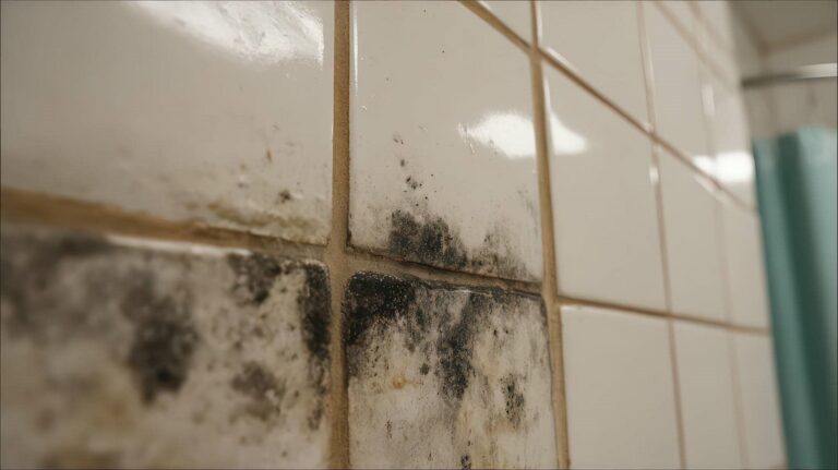 Mold growth on bathroom tiles.