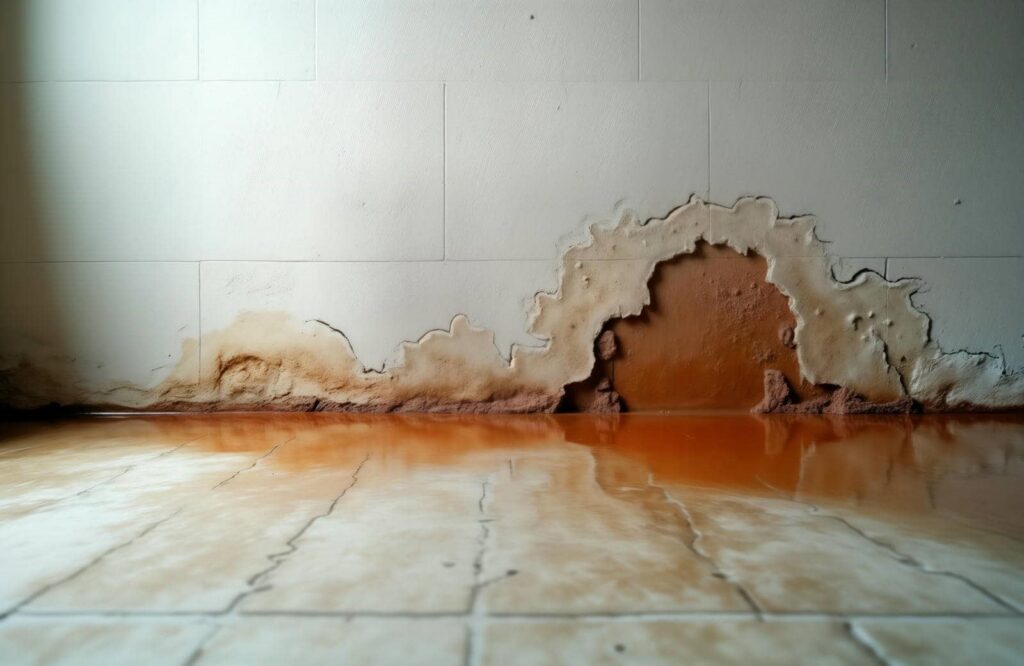 Water damage on wall and floor