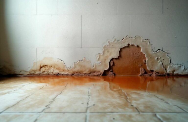 Water damage on wall and floor