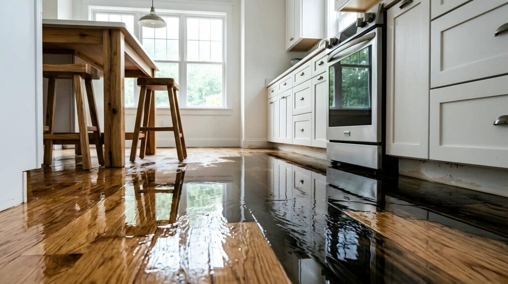 Flooded kitchen with standing water