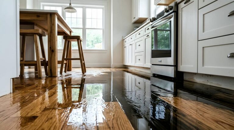Flooded kitchen with standing water