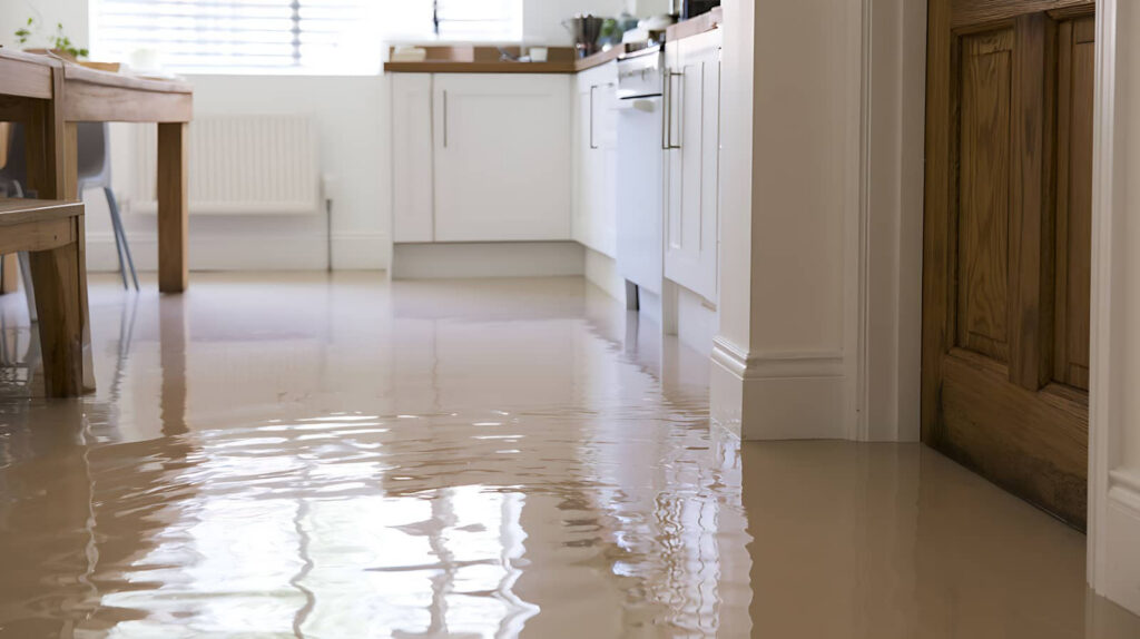 Flooded kitchen with standing water