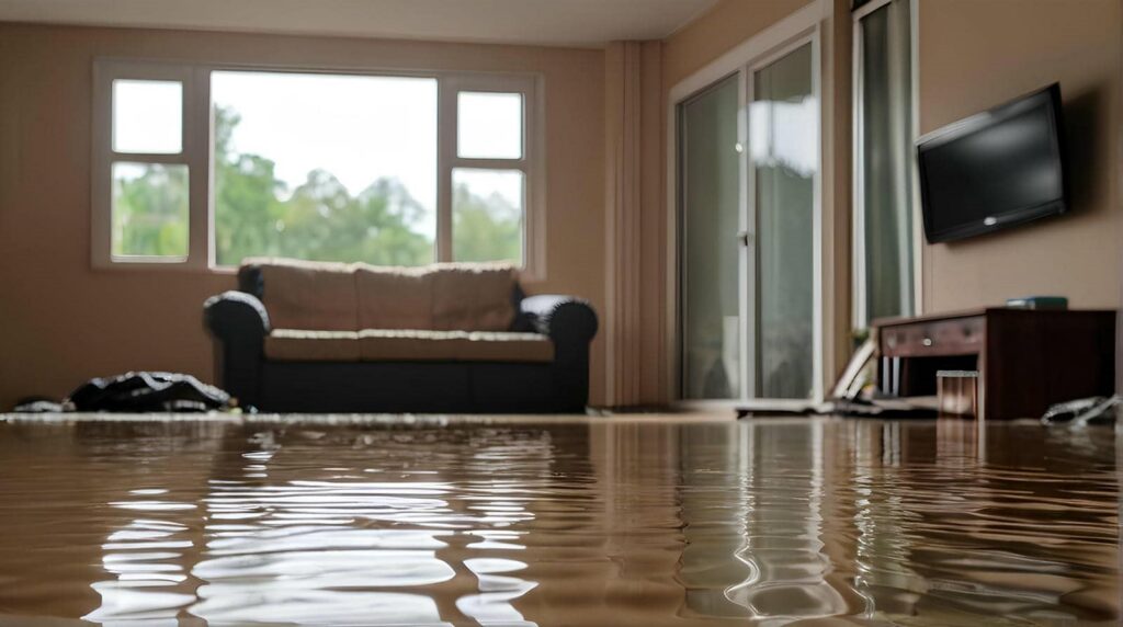 Flooded living room with water damage