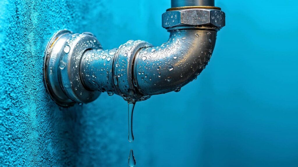Metal pipe with water droplets leaking