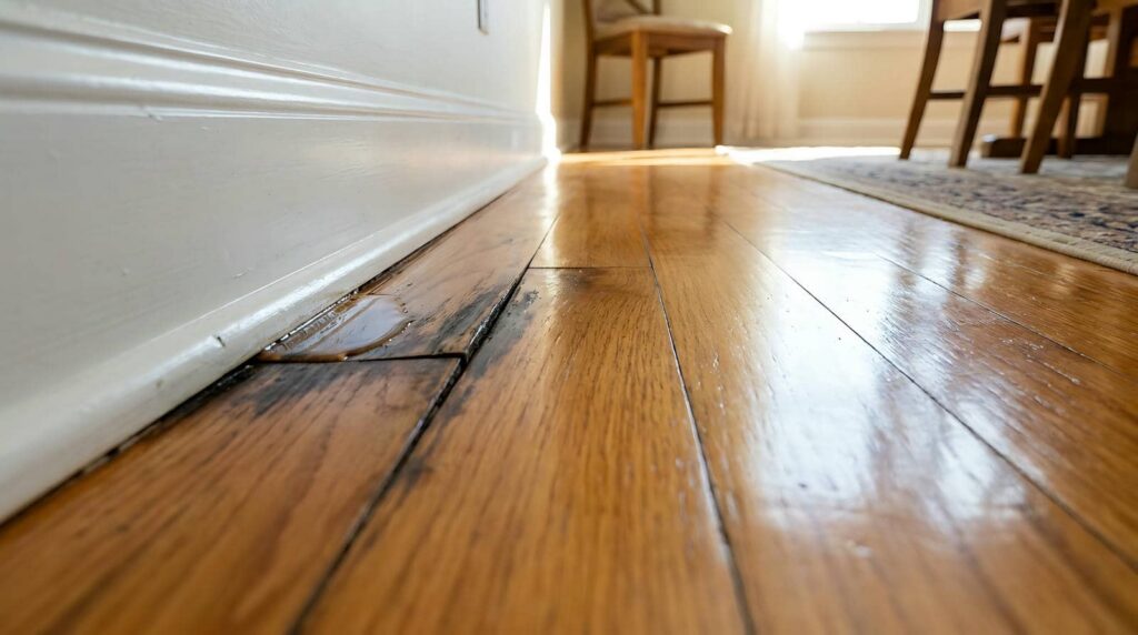 Water damage on wooden floorboards
