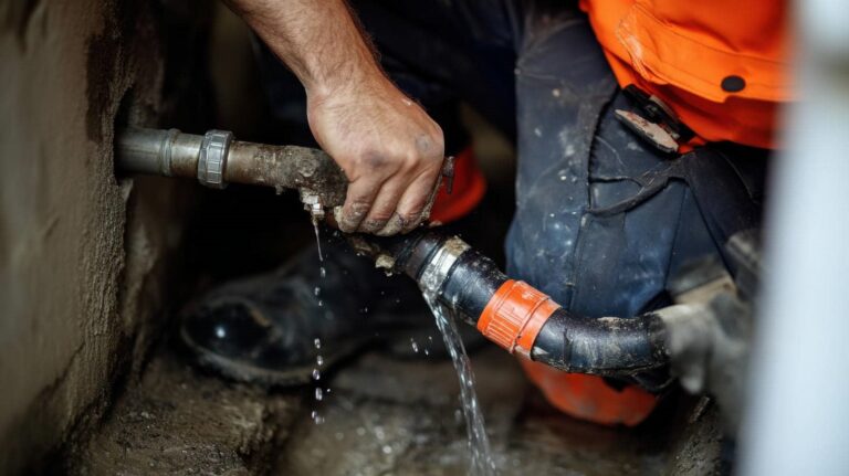 Person fixing leaking pipe with tools