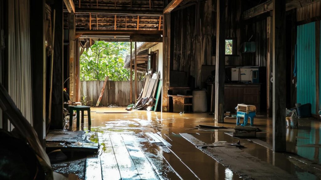 Flooded interior of a wooden building.