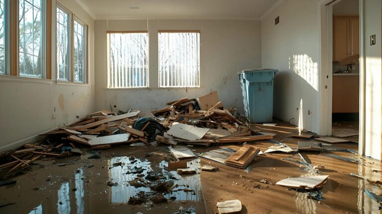 Flooded room with debris and water
