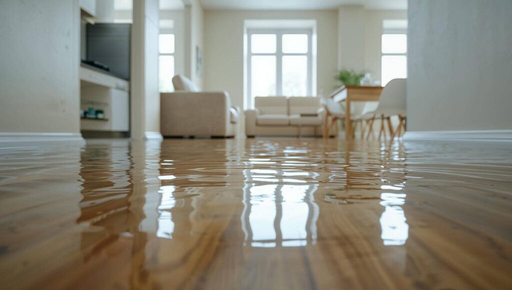 Flooded living room with wooden floor