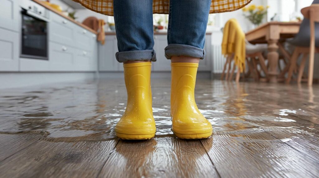 Person in yellow boots on wet floor