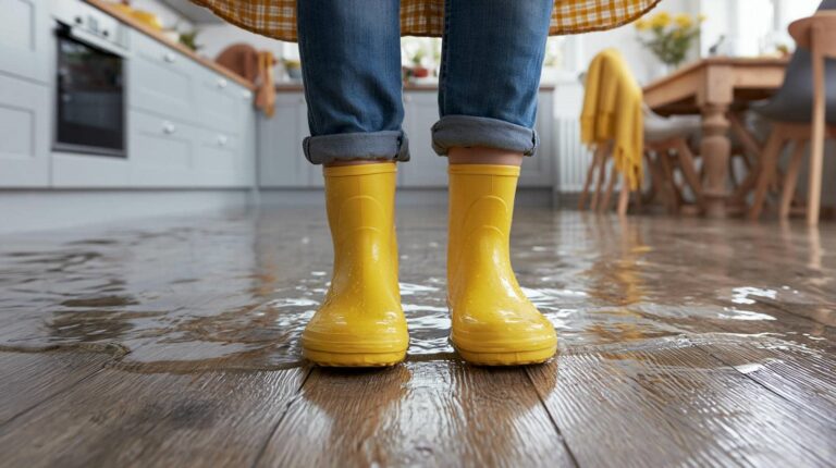 Person in yellow boots on wet floor