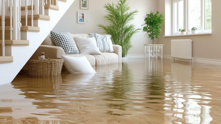 Flooded living room with water damage