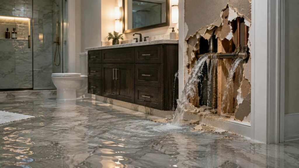 Bathroom flooding from burst pipe