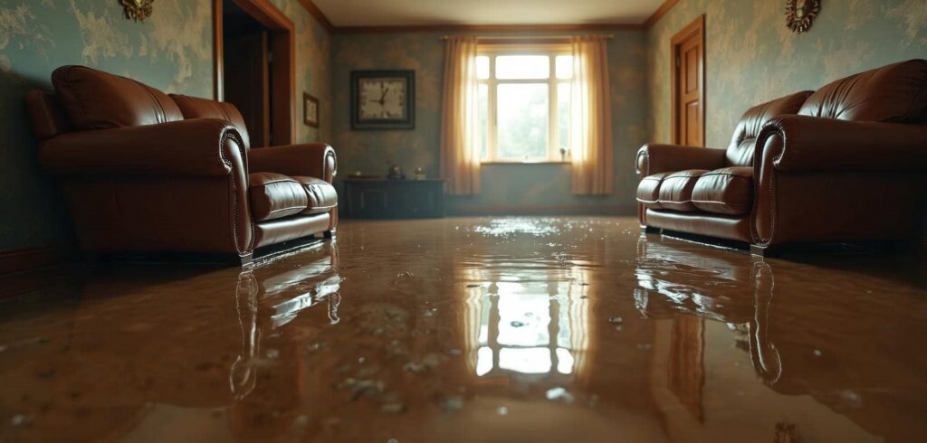 Flooded living room with water damage.
