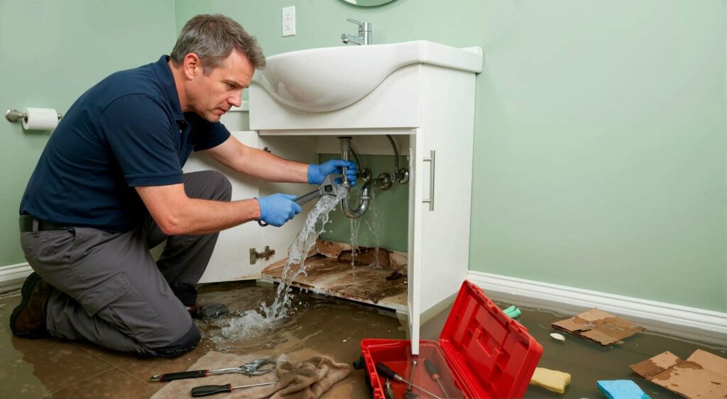 Plumber fixing a leaking sink.