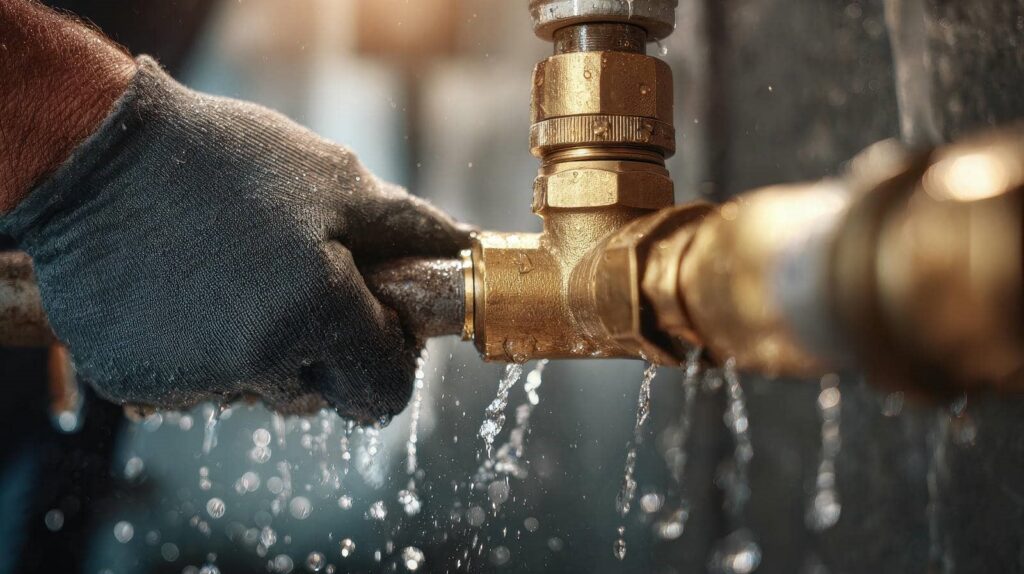 Person repairing leaking water pipe