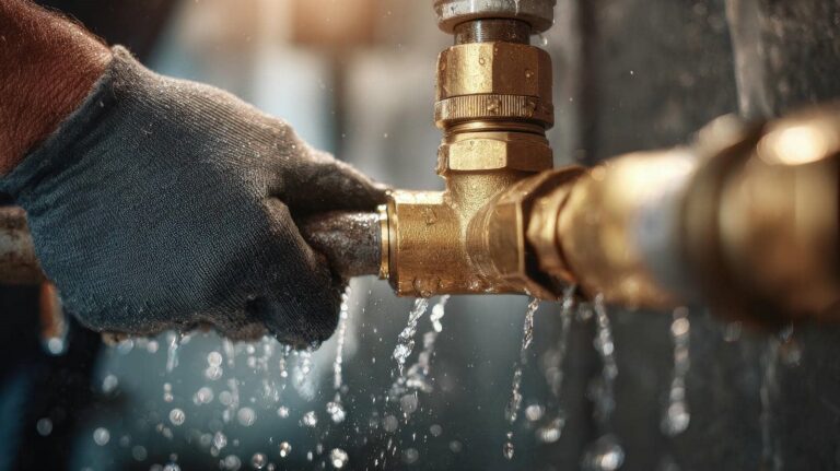 Person repairing leaking water pipe