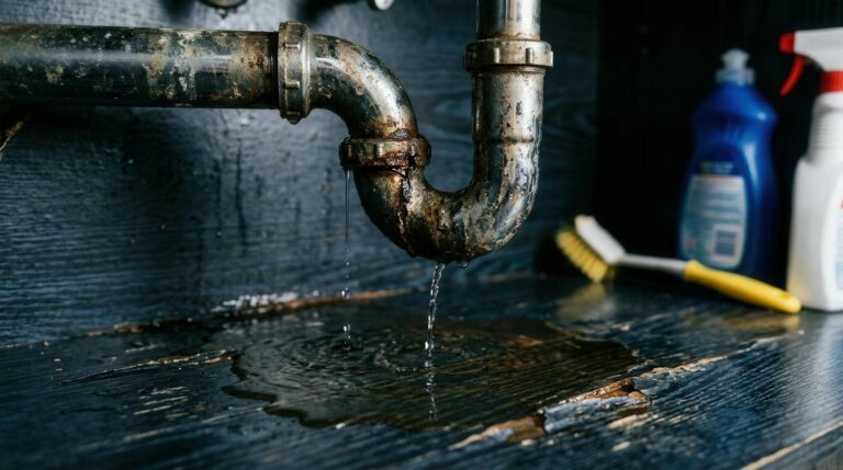 Leaking pipe with cleaning supplies nearby.