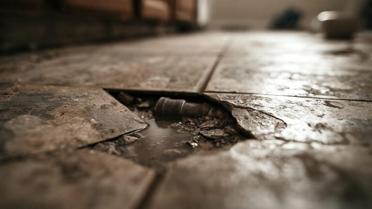 Cracked floor with water damage visible.
