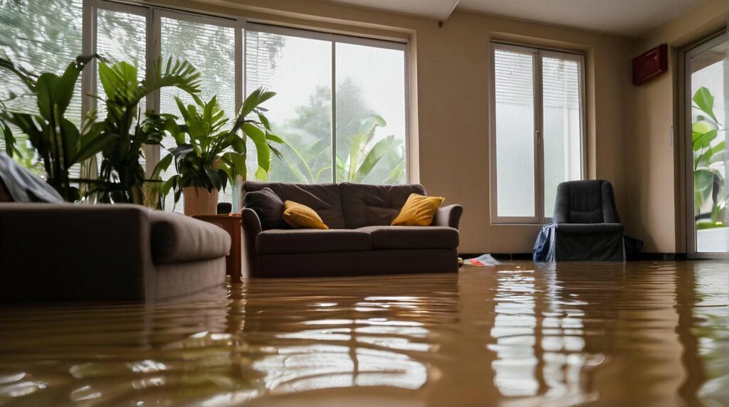 Flooded room with furniture and plants
