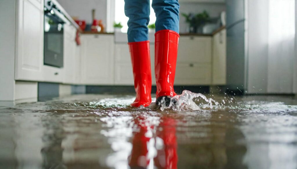 Person in red boots walking through water