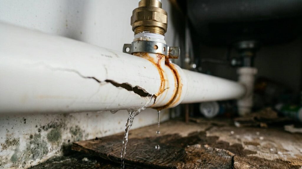 Leaking pipe with visible damage.