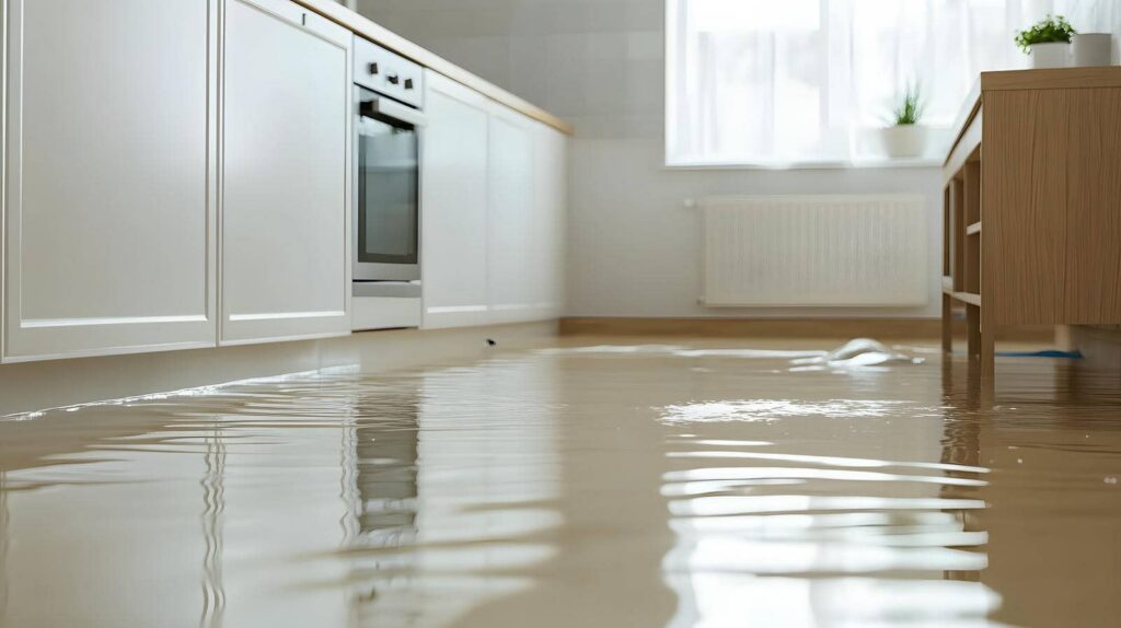 Flooded kitchen with standing water.